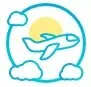 A simple graphic of an airplane flying through clouds with a sun in the background, depicting travel or freedom.