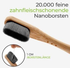 Bambus-Zahnbürste mit Aktivkohleborsten, dargestellt in einem Testbericht über Bambus-Zahnbürsten.
