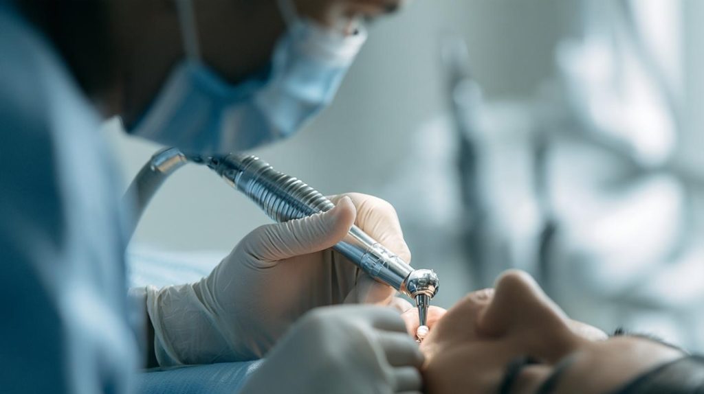 Dentist using a dental handpiece with a carbide bur during a precision procedure