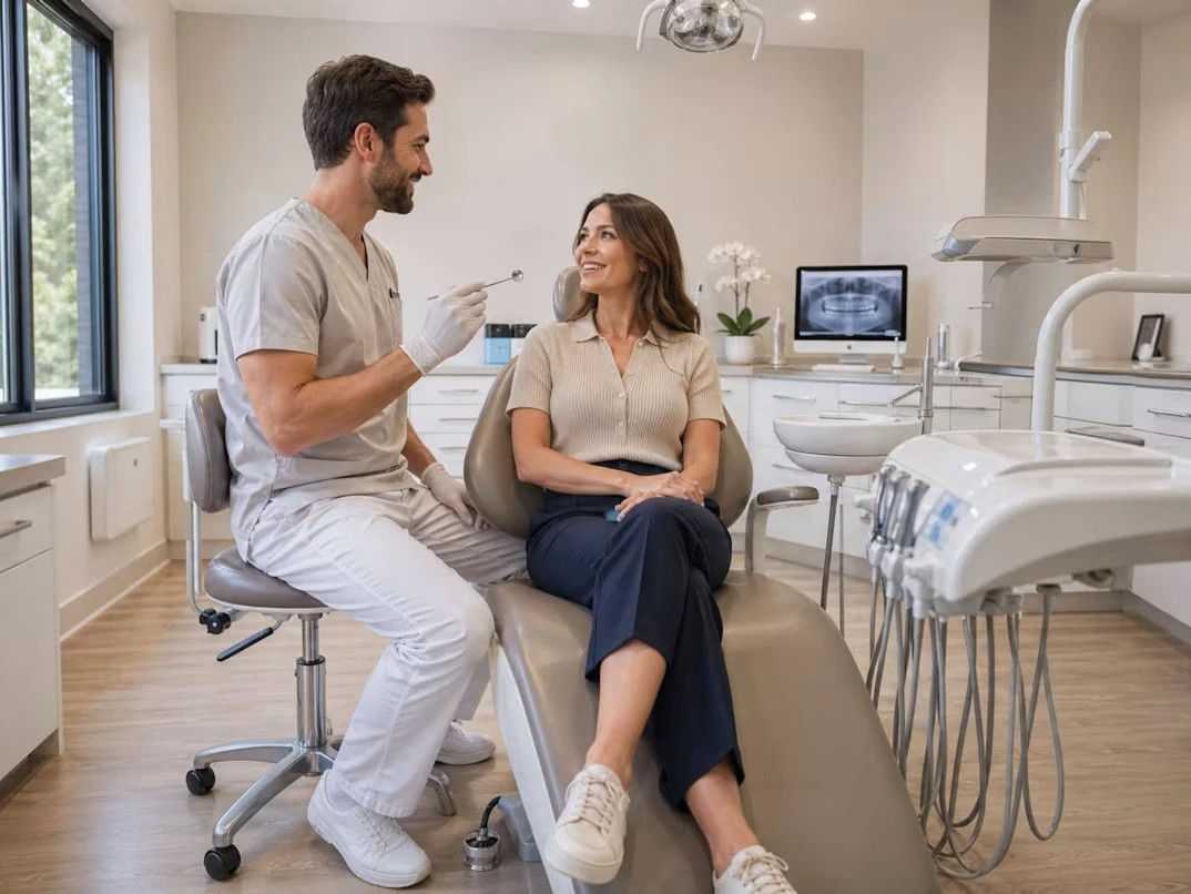 Dentist talking with a patient in a modern dental treatment room