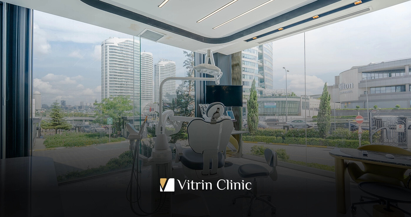 Treatment room at Vitrin Clinic in Istanbul with a dental chair and a view of the city