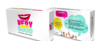 Box packaging for "Very Smile Good," featuring vibrant text, ingredient details, and playful speech bubbles.