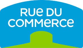 Logo of "Rue du Commerce" featuring bold white text on a blue background with a green arching shape below.